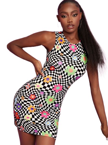 

f.loral & checker print t.ank d.ress b1vn#, Black;gray