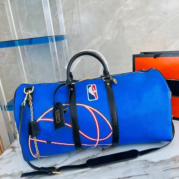 

jointly-designed travelling bag blue basketball pattern letter embossing high capacity fashion leather men women sports handbag shoulder bag