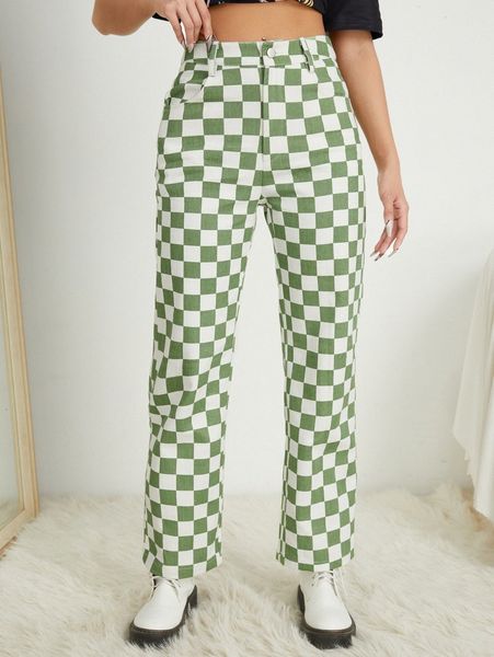 

petite checker print high waist pants 45z8#, Black;white