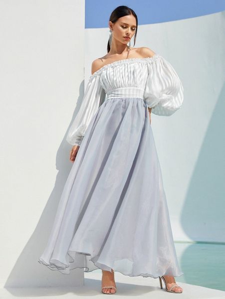 

bishop sleeve frill trim overlap organza dress a6r4#, Black;gray