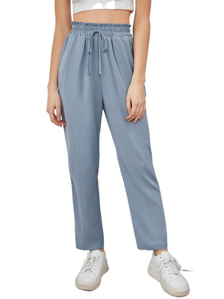 

paperbag waist solid tie front pants r7fl#, Black;white