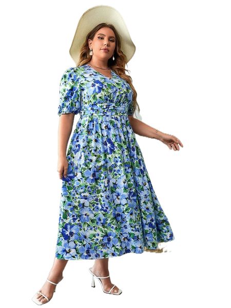 

plus allover floral print puff sleeve dress 2337#, Black