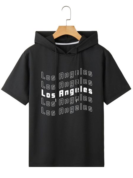 

men letter graphic drawstring hooded tee q8a9#, White;black