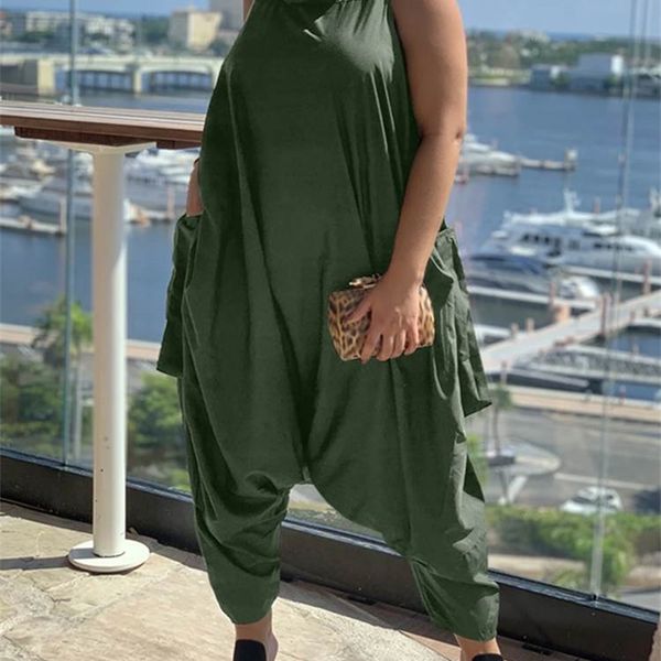 

celmia women baggy jumpsuits fashion dropped crotch sleeveless stacking high collar long rompers casual harem pant overalls 220713, Black;white