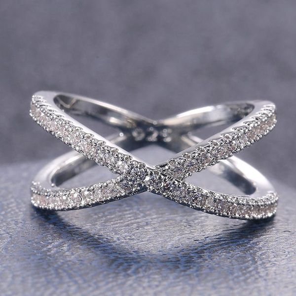 

cluster rings x shape cross for women fashion silver white zircon couple crystal ring luxury party modern jewelry, Golden;silver