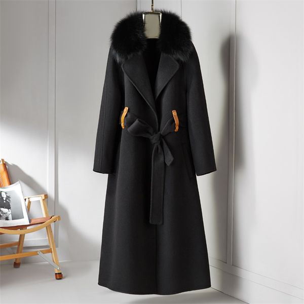 

pudi new fashion real wool cashmere long coat with fox fur women winter jacket z21173, Black