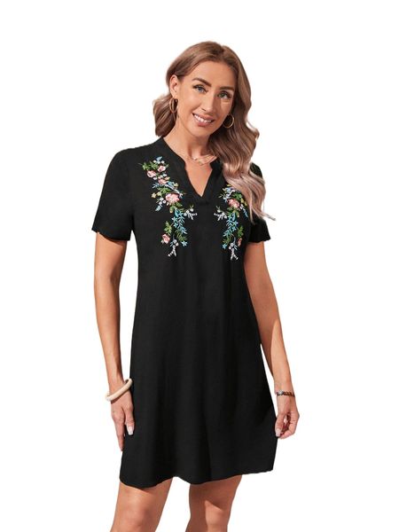 

emery rose floral embroidered notched neck tunic dress g2yv#, Black;gray