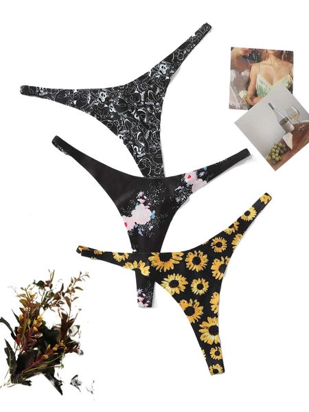 

plus 3pack floral print panty 8817#, Black;white