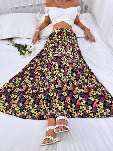 

floral print pleated skirt e55u#, Black