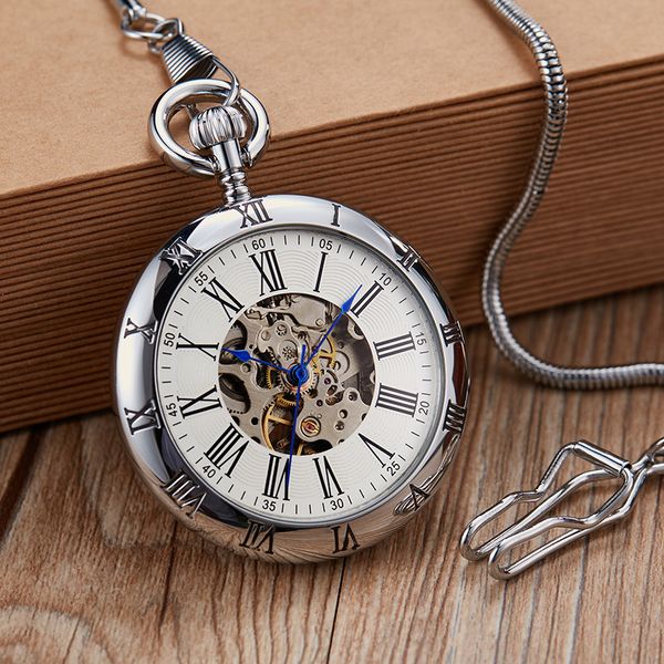 

creative inner and outer roman literal round snake chain automatic mechanical pocket watch antique gift mechanical pocket watch women's, Slivery;brown