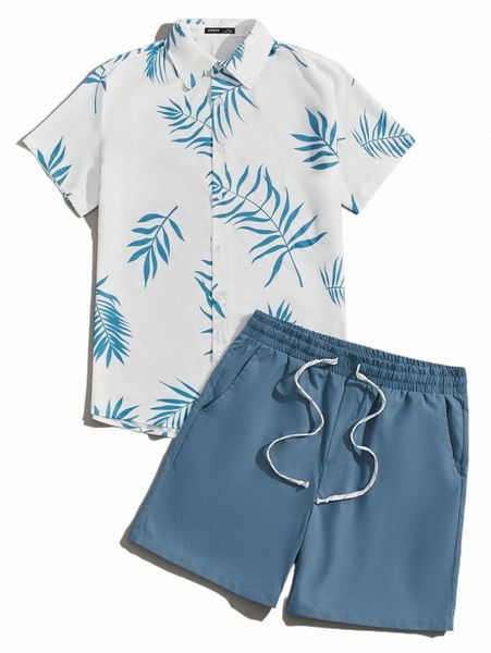 

men tropical print shirt & drawstring waist shorts set t7xk#, Gray