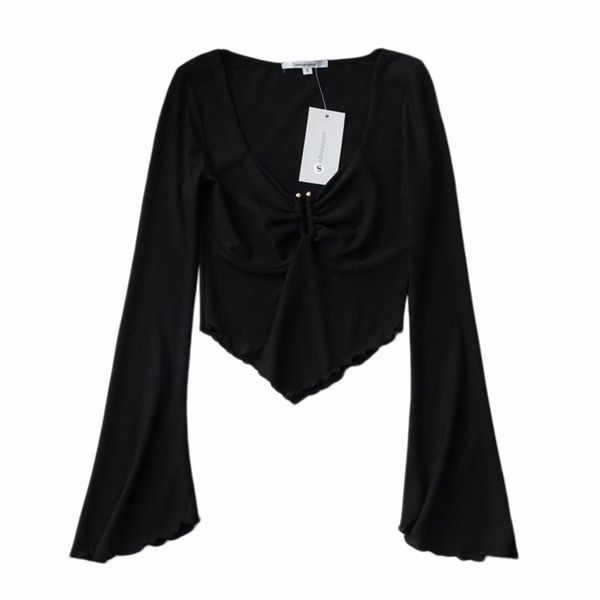 Verão Retro Threaded Trompet Sleeves Micro-feixe Corset V-Pescoço T-shirt Mulheres, Fungo Sexy Plissado Top Mulheres 220328