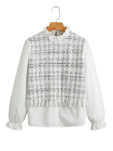 

frill trim plaid fringe trim bell sleeve s0t6#, White