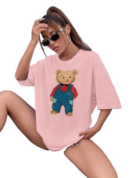 

bear print drop shoulder tee p3ld#, White
