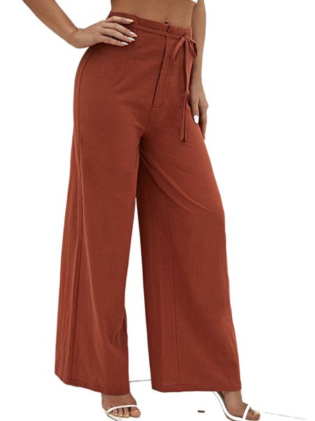 

solid tie front wide leg pants l5pa#, Black;white