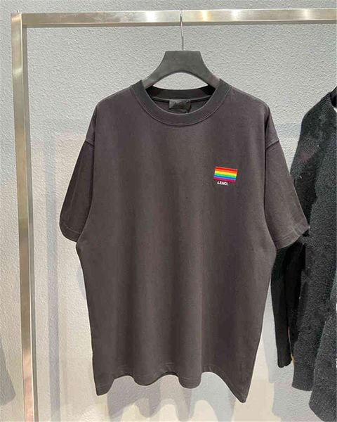 

hip hop designer t shirt correct ins summer new front embroidered rainbow embroidered printed couple casual short sleeve tee fashion brand, White;black