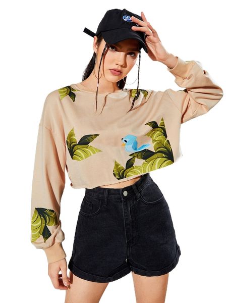 

x seda coskun bird & leaves print drop shoulder sweatshirt t2x8#, Black
