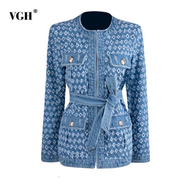 

patchwork hollow out hoel denim jacket for women o neck long sleeve high waist lace up bowknot casual coat female fall 210507, Black;brown