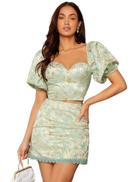 

floral sweetheart neck puff sleeve crop p1bo#, White