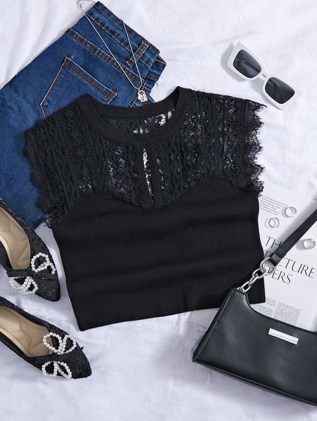 

cut-out sheer lace yoke knit z7t8#, White;black