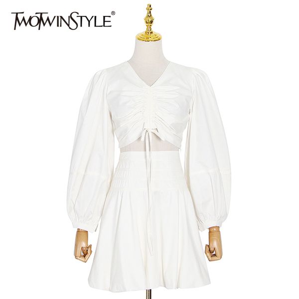 

two piece set for women v neck lantern sleeve lace up a line skirt white sets female spring clothing 210423