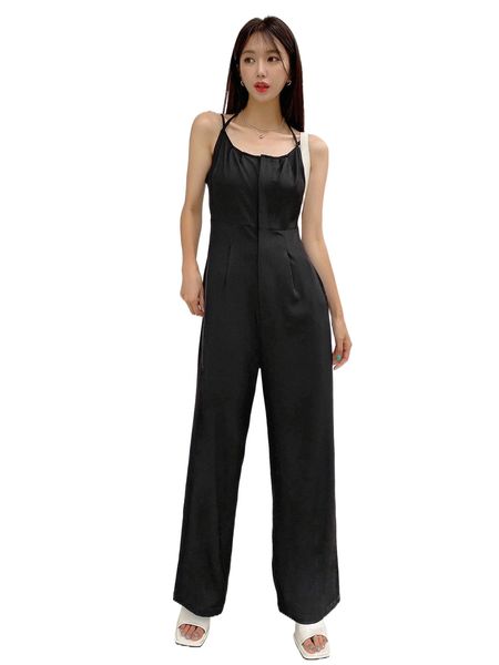 

dazy fold pleated shirred tie back cami jumpsuit p2g8#, Black;white