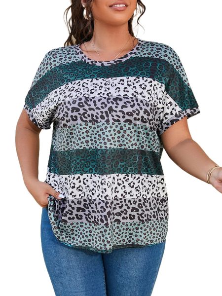 

plus colorblock leopard batwing sleeve tee f68n#, Black