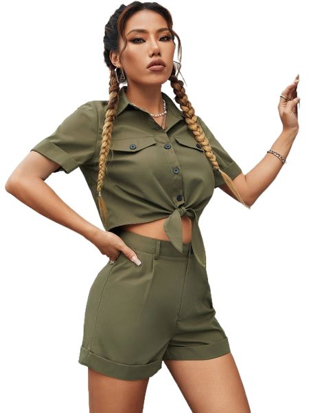 

button up knot hem crop blouse with shorts p37u#, White