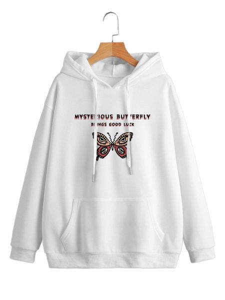 

slogan & butterfly print thermal hoodie l8ie#, Black
