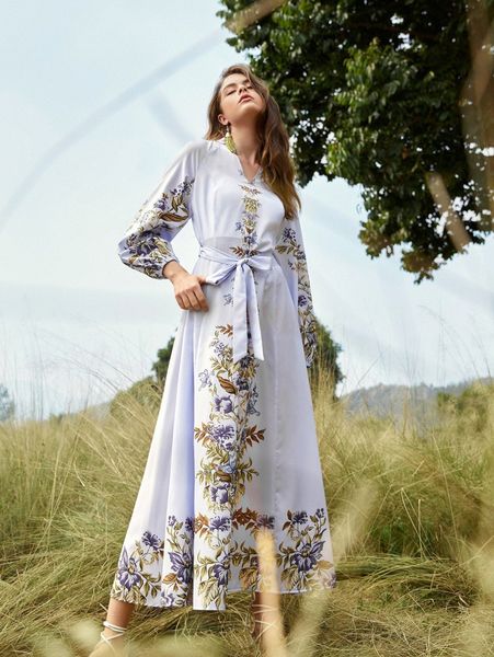 

floral & butterfly print notch neck belted dress q6jn#, Black;gray
