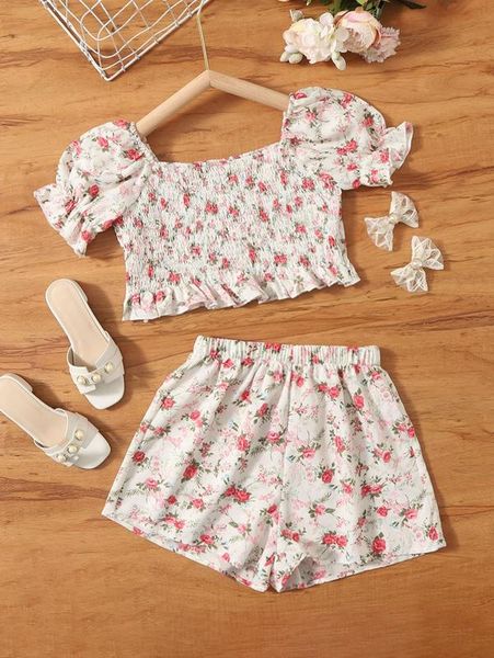 

girls floral print shirred puff sleeve ruffle hem & shorts she, White