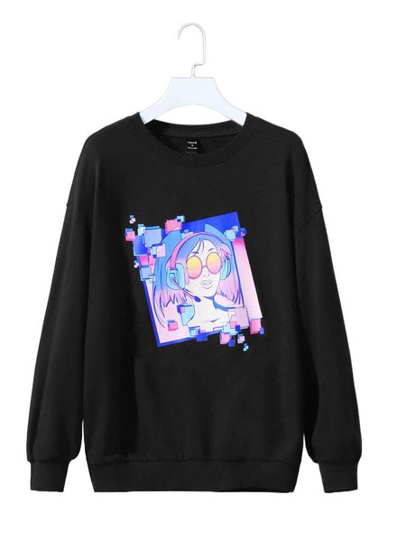 

x goza drop shoulder cartoon graphic pullover i1ni#, Black