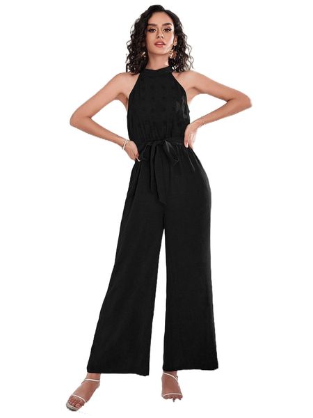 

solid belted wide leg halter jumpsuit g1px#, Black;white