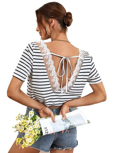

striped tie back contrast embroidered mesh tee a0qe#, White