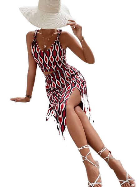 

allover print tank & split thigh skirt r0vp#, White