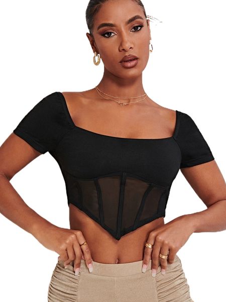 

square neck mesh asymmetrical hem tee y0jl#, White