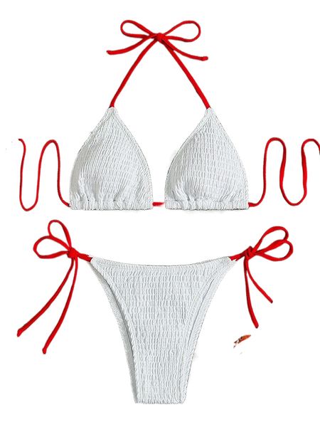 

smocked halter triangle tie side bikini swimsuit r5ad#, White;black