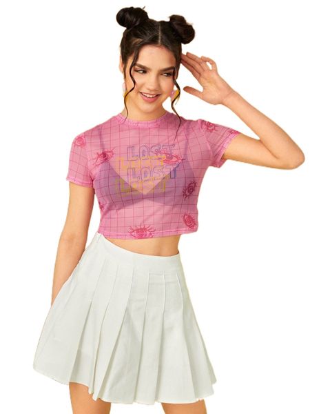 

x sticky geli letter & plaid print crop mesh without bra 35yi#, White