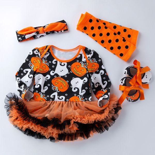 2022 Yeni Giyim Setleri Bebek Kız Uzun Kollu Elbise Cadılar Bayramı Kabak Kalitesi Pamuk Ha Elbise Öğrenme Ayakkabıları Set