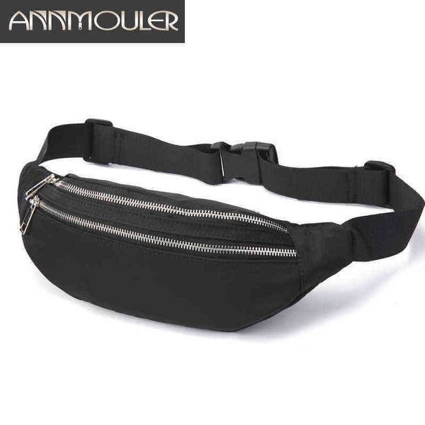 

annmouler quality women nylon waist pack bag fanny small double zipper phone pocket purse green blue belt 220531