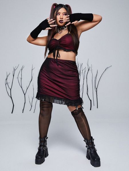 

plus drawstring crop mesh cami & ruffle hem skirt without arm sleeves j73u#, Black