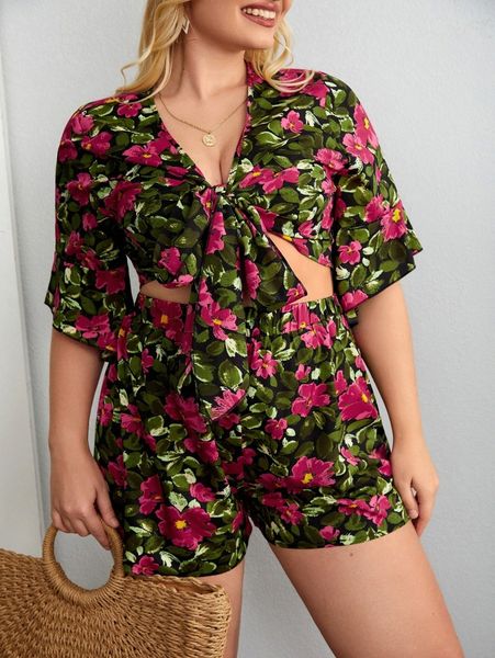 

plus allover floral print tie front crop & shorts z9mh#, Black