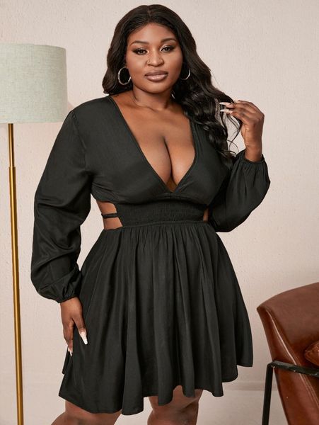 

sxy plus plunging neck cut out waist tie back a-line dress l9om#, Black