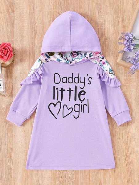 

baby letter and floral print ruffle trim hoodie dress she, Black