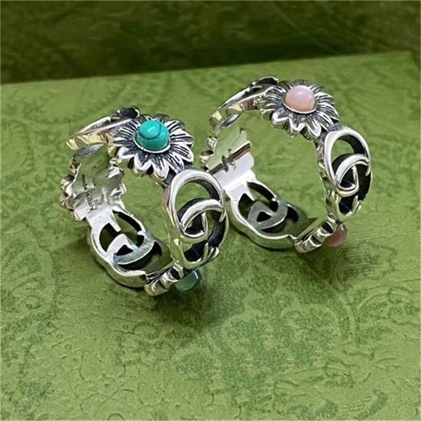 

2022 fashion 20% off designer jewelry gujia 925 silver double g small daisy turquoise thai silver hollowed out flower couple ring