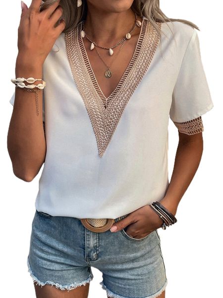 

contrast guipure lace blouse 42ty#, White