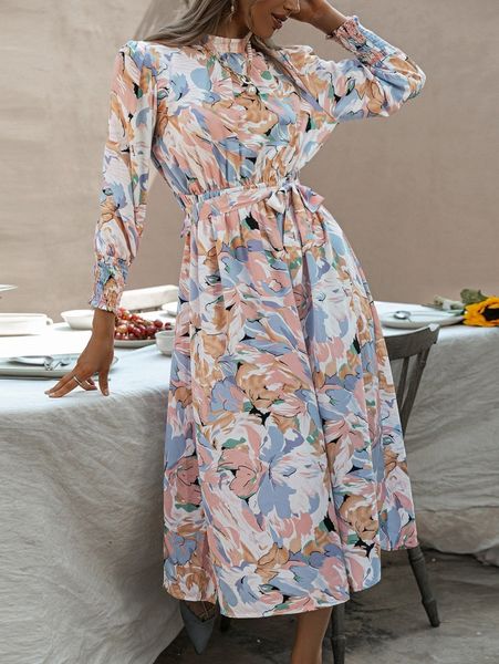 

simplee allover floral print tie back shirred cuff belted dress t1bt#, Black;gray