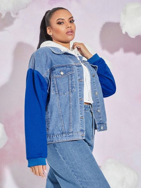 

plus colorblock drop shoulder denim jacket n6hs#, Black;brown