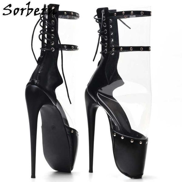 Sorbern Punk Estilo Transparente Botas Mulheres Ballet Sapatos Rebites Ankle High Punitive Heels BDSM Mistress Ponygirl Botas Kinky