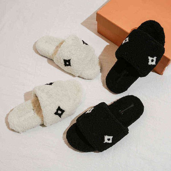 

2022 new designers winter luxurys women wool slippers fur fluffy furry warm letters sandals comfortable embroidery flip flop size 36-42, Black